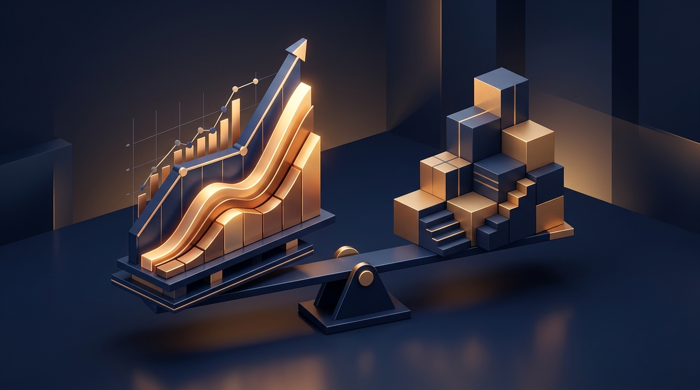 Isometric financial illustration displaying a balanced scale between bond yield curves and corporate equity blocks in navy and gold.
