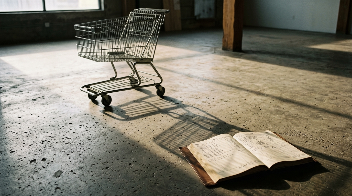 An empty wire shopping cart casting a shadow across a polished concrete floor next to an open accounting ledger.