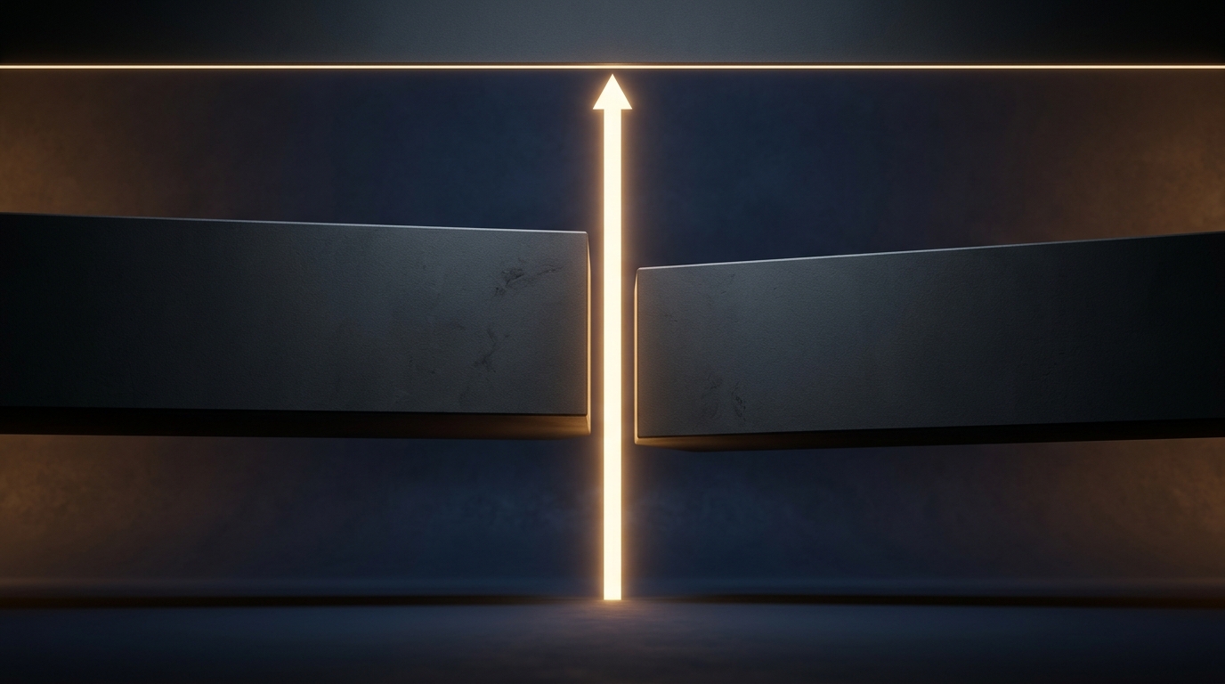 Minimalist 3D architectural balance planes in dark navy and charcoal with a glowing vertical beam indicating interest rate pressure.