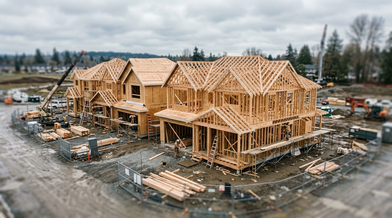 Framed wooden structures of modern houses under construction on an overcast day