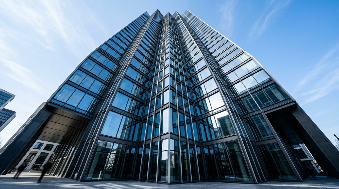 Low-angle view of a modern glass and steel commercial office skyscraper reflecting the sky.