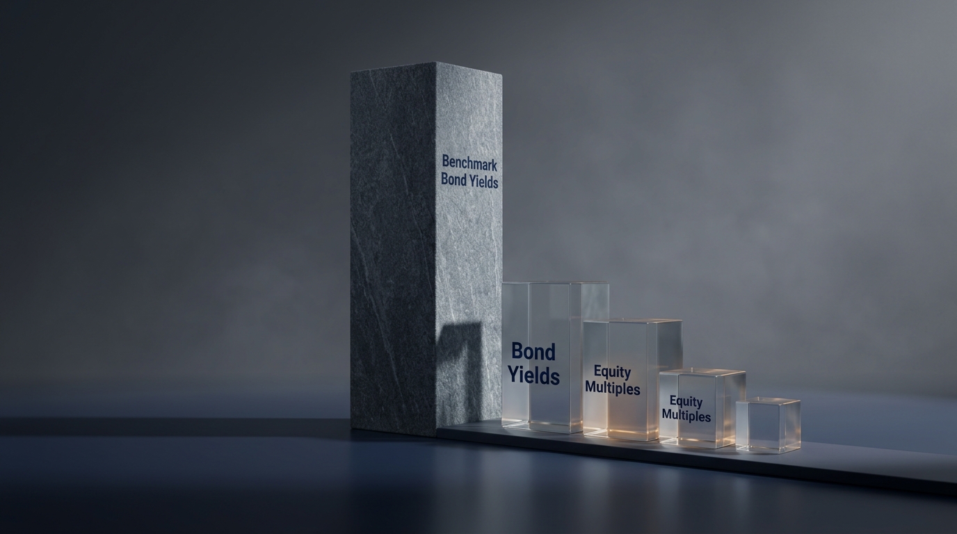 Minimalist 3D rendering of a tall stone pillar casting a shadow over descending translucent glass cubes on a slate grey surface.