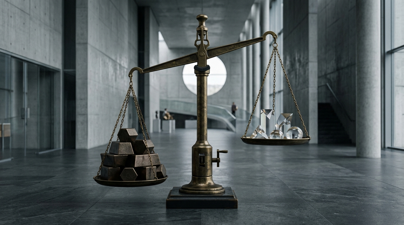 Brass balance scale weighing geometric metallic ingots against fragile glass prisms in an architectural room
