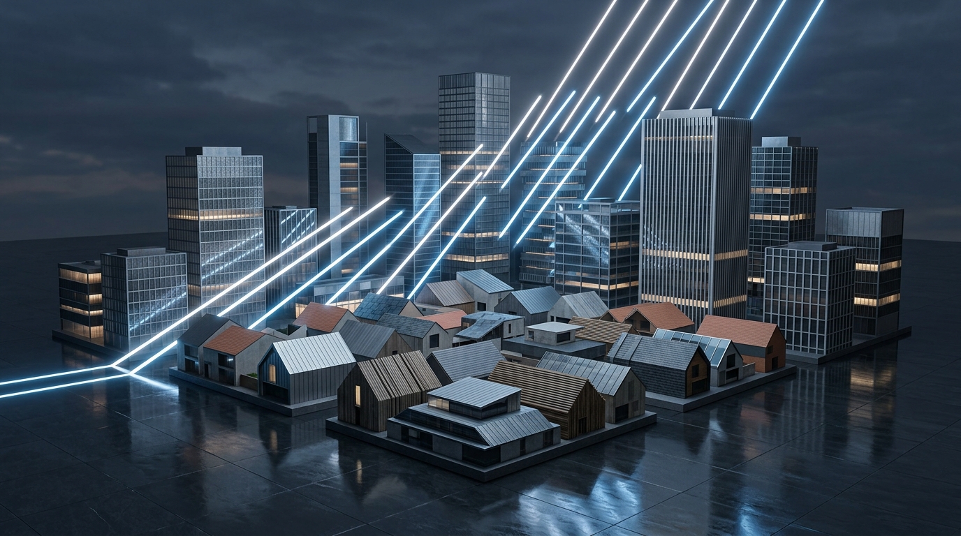 3D architectural render of modern houses and commercial office towers with rising illuminated yield curves on a dark surface.